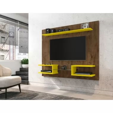 Manhattan Comfort Plaza 64.25 Modern Floating Wall Entertainment Center with Display Shelves in Rustic Brown and Yellow 