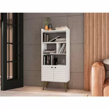 Manhattan Comfort Bogart 62.6" Mid-Century Modern Bookcase in White and Nature