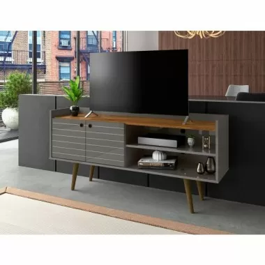Manhattan Comfort Bogart 53.54" Mid-Century Modern TV Stand in Grey and Nature