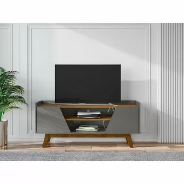 Manhattan Comfort Mid-Century Modern Marcus 53.14 TV Stand with Solid Wood Legs Grey and Nature