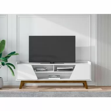 Manhattan Comfort Mid-Century Modern Marcus 62.99 TV Stand with Solid Wood Legs in White