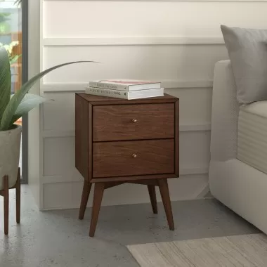 Alpine Furniture Flynn Mid Century Modern 2 Drawer Nightstand, Walnut - Lifestyle