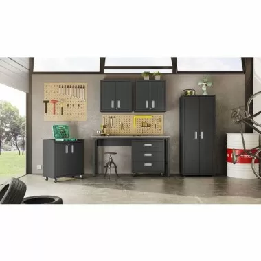 Manhattan Comfort Fortress Textured Metal 31.5" Garage Mobile Cabinet with 1 Full Extension Drawer and 2 Adjustable Shelves in Charcoal Grey Set