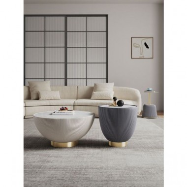 Manhattan Comfort Modern Anderson Coffee Table, End Table 1.0, and End Table 2.0 Upholstered in Cream and Grey Leatherette with Ceramic Faux Tabletop and Gold Metal Tabletop- Set of 3