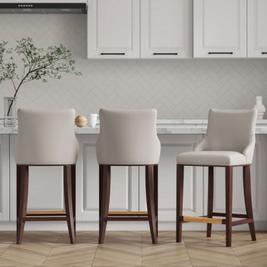 Manhattan Comfort Modern Shubert Barstool Upholstered In Light Grey Leatherette with Beech Wood Legs - Set of 3