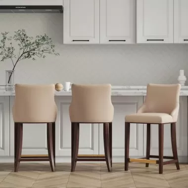 Manhattan Comfort Modern Shubert Counter Stool Upholstered In Tan Leatherette with Beech Wood Legs - Set of 3