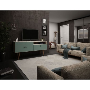 Manhattan Comfort Tribeca 53.94 Mid-Century Modern TV Stand with Solid Wood Legs in Off White and Green Mint