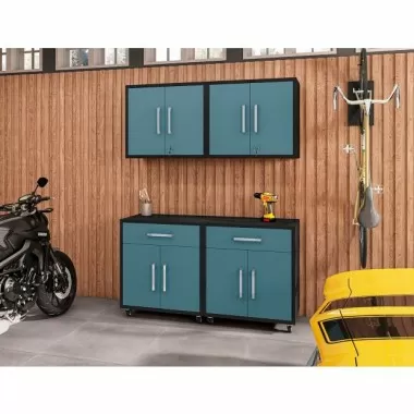Manhattan Comfort Eiffel 4-Piece Garage Storage Set in Matte Black and Aqua Blue