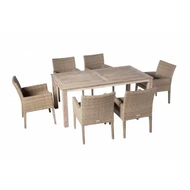Alfresco Home Cornwall Woven Wood Set With 71" Rectangular Wood Dining Table With Umbrella Hole and 6 Dining Arm Chairs With Sunbrella Cast Shale Cushions - Lifestyle