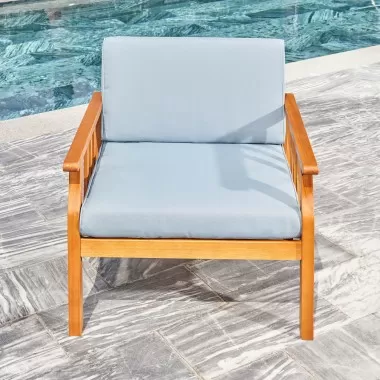Vifah Kapalua Honey Nautical Curve Eucalyptus Wooden Outdoor Sofa Chair with Cushion, Front Angle