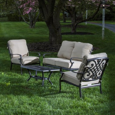 Alfresco Home Newbury Cast Aluminum Deep Seating Set with Coffee Table, Loveseat with Cushions, and 2 Lounge Chairs with Cushions