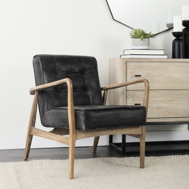 Mercana Phineas Black Leather With Brown Wooden Frame Accent Chair 4