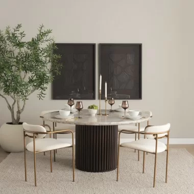 Mercana Parker I Cream Fabric Seat Gold Metal Frame Dining Chair Coffee Table Set