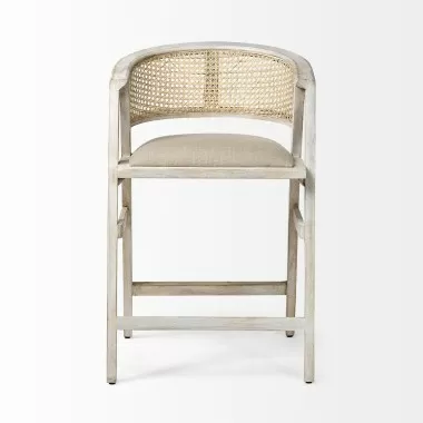 Mercana Tabitha 26.75" Seat Height Beige Fabric/Rattan Seat Blonde Wood Frame Counter Stool Front