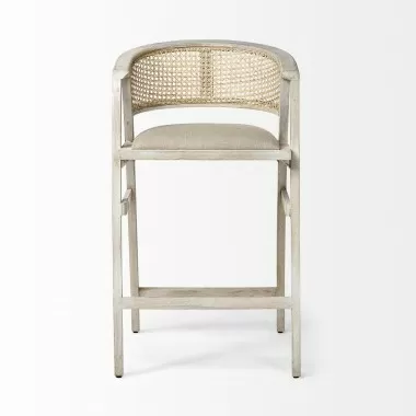 Mercana Tabitha 30.75" Seat Height Beige Fabric/Rattan Seat Blonde Wood Frame Bar Stool Front