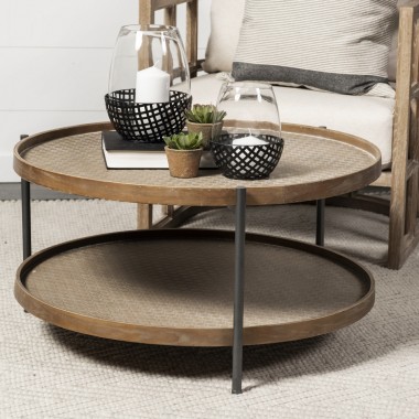Mercana Kade 33" Round Brown Table Gray Metal Frame Two-Tier Coffee Table