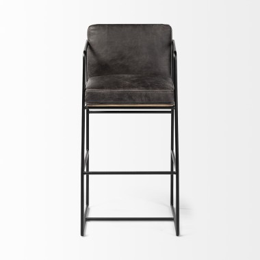 Mercana Stamford 40" Total Height Black Leather Seat With Wood Back, Metal Frame Bar Stool Front