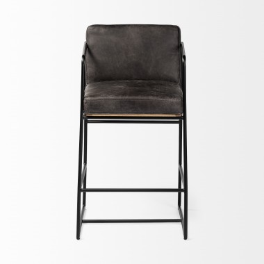 Mercana Stamford 36" Total Height Black Leather Seat With Wood Back, Metal Frame Counter Stool Fornt