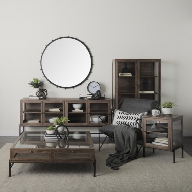 Mercana Arelius 36L x 18W x 63H Medium Brown Wood W/ Black Metal Base Display Cabinet 2