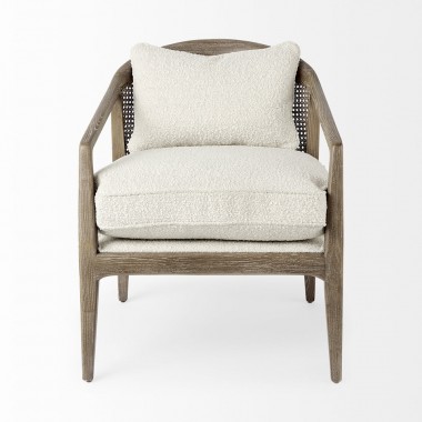Mercana Landon 25.6L x 29.1W x 30.5H Light Brown Wood With Cream Fabric Seat and Cane Back Accent Chair Front
