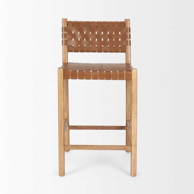 Mercana Shane Brown Wood With Woven Brown Leather Counter Stool Front