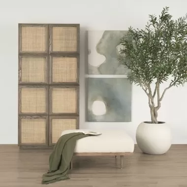 Mercana Sina Brown Oak Wood With Natural Rattan 2 Door Curio Cabinet