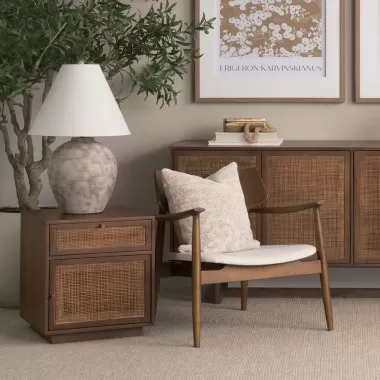 Mercana Haggen Medium  Brown Oak Wood w/ Cream Fabric Accent Chair 