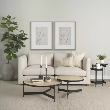 Mercana Wade Travertine Marble With Matte Black Metal Coffee Tables Set