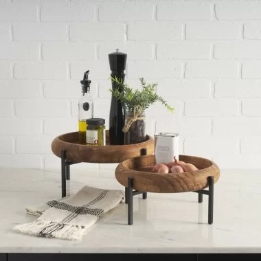 Mercana Wally Round Medium Brown Wood With Matte Black Metal Stand Trays