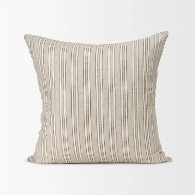 Mercana Jaxon Beige and Black Striped Cotton-Linen Decorative Square Pillow Cover Front