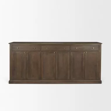 Mercana Braxton Brown Solid Wood w/ Antiqued Aged Brass Knobs 3 Drawer 6 Door Sideboard Dark Brown Front