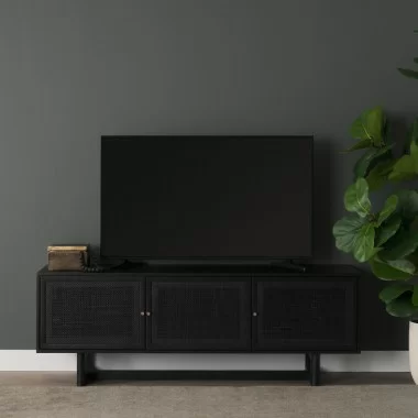 Mercana Grier 65" Black Solid Wood With Black Cane Media Console