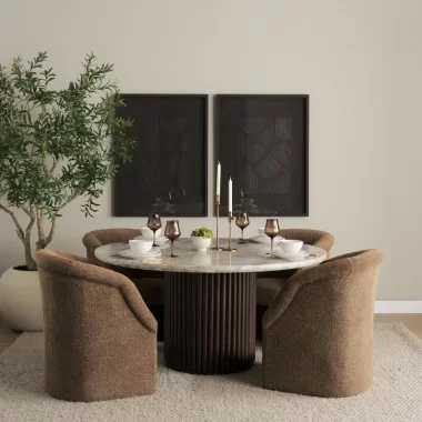 Mercana Marbrello 60" Pink Marble Top Espresso Brown Fluted Wood Round Dining Table