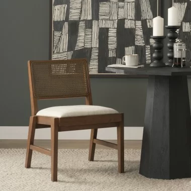 Mercana Reid Framed Brown Cane Cream Fabric Dining Chair