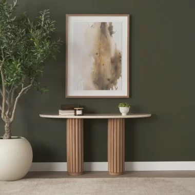 Mercana Marbrello Botticino Marble Top Light Brown Fluted Wood Half Moon Console Table