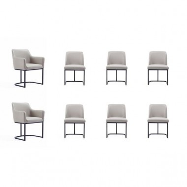 Manhattan Comfort Modern Serena 8 Piece Dining Set Upholstered in Leatherette with Steel Legs In Light Grey