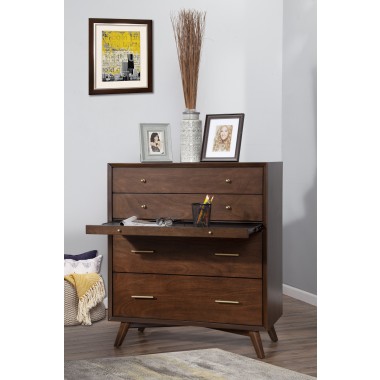 Alpine Furniture Flynn Mid Century Modern 4 Drawer Multifunction Chest w/ Pull Out Tray, Walnut - Lifestyle