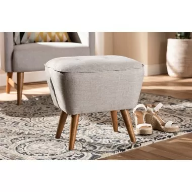 Baxton Studio Petronelle Mid-Century Modern Greyish Beige Fabric Upholstered Walnut Brown Finished Wood Ottoman - Lifestyle