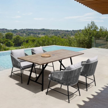 Armen Living Calica Outdoor Patio Dining Chair In Black Metal And Grey Rope