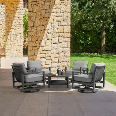 Armen Living Grand 5 Piece Black Aluminum Outdoor Seating Set with Dark Gray Cushions
