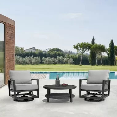 Armen Living Grand 3 Piece Black Aluminum Outdoor Seating Set with Dark Gray Cushions