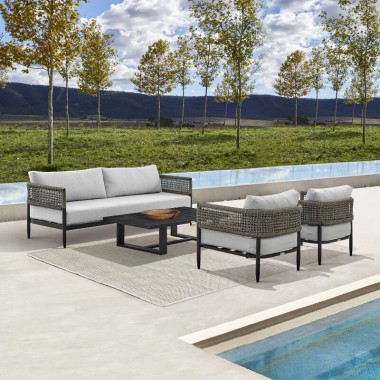 Armen Living Felicia 4 Piece Outdoor Black Aluminum & Rope Conversation Set with Light Gray Fabric Cushions