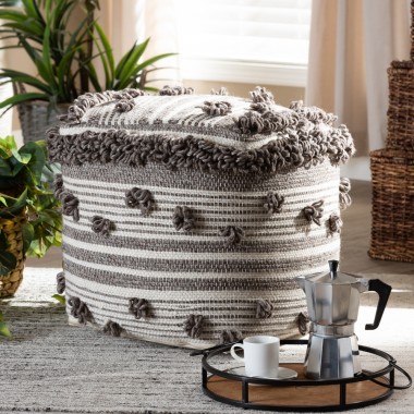 Baxton Studio Eligah Moroccan Inspired Ivory and Brown Handwoven Wool Pouf Ottoman - Lifestyle