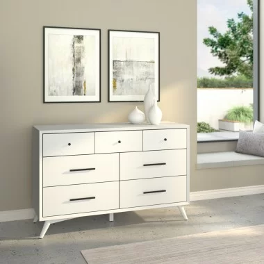 Alpine Furniture Flynn Mid Century Modern 7 Drawer Dresser, White - Lifestyle