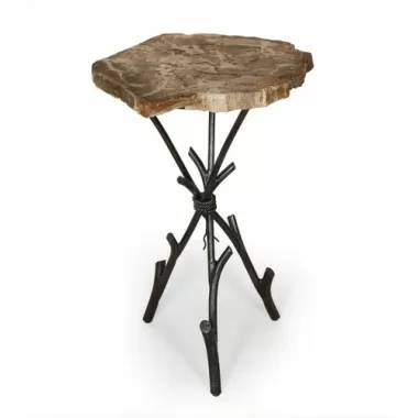 Stilnovo Good Form Petrified Wood Smoking Table with Tripod Base with Hand-forged Steel Rope Binding