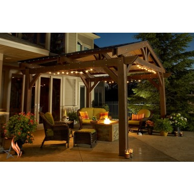 LODGE II - 14' x 14' Douglas Fir Lodge Structure in Mocha Finish  LIfestyle  1 - with Optional Metal Roof
