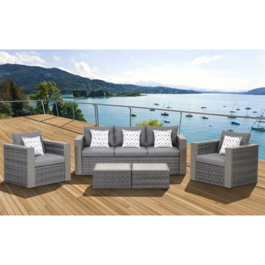 International Home Miami Atlantic Mustang 5 Piece Wicker Patio Conversation Set Grey with Grey Cushions