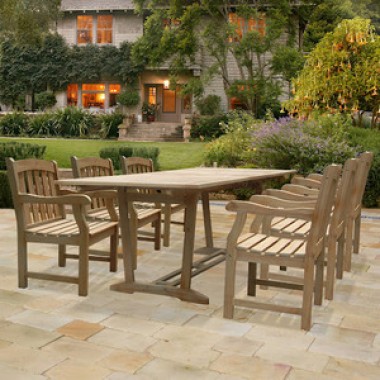 Vifah Modern Patio Renaissance Rectangular Extension Table and Armchair Outdoor Hand-scraped Hardwood Dining Set