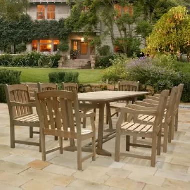 Vifah Modern Patio Renaissance Rectangular Extension Table and Armchair Outdoor Hand-scraped Hardwood Dining Set