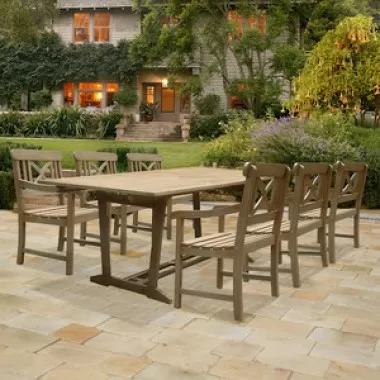 Vifah Modern Patio Renaissance Rectangular Extension Table and Armchair Outdoor Hand-scraped Hardwood Dining Set